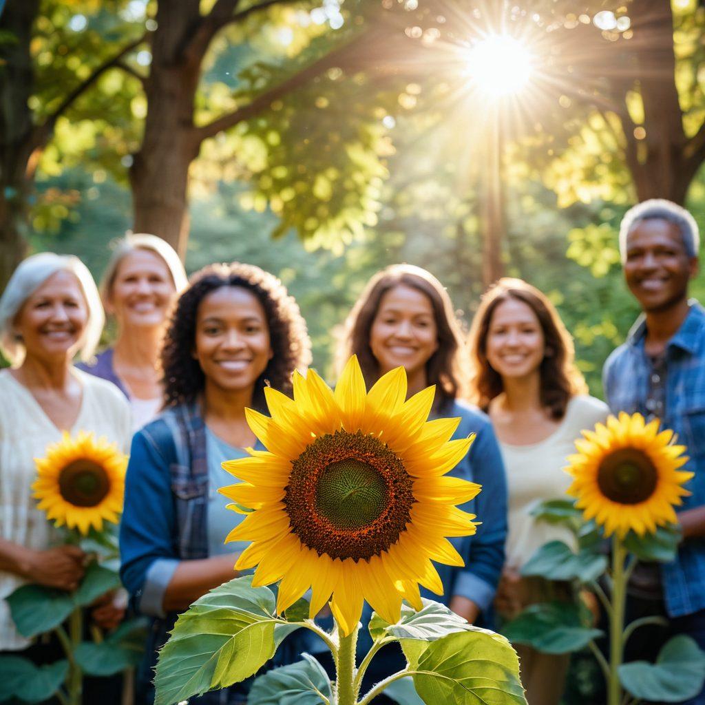 A radiant sunflower symbolizing hope and resilience, surrounded by diverse cancer survivors sharing experiences and support, with soft sunlight filtering through trees in the background, conveying warmth and community. The scene should evoke strength and positivity, with a gentle color palette. super-realistic. vibrant colors. natural setting.