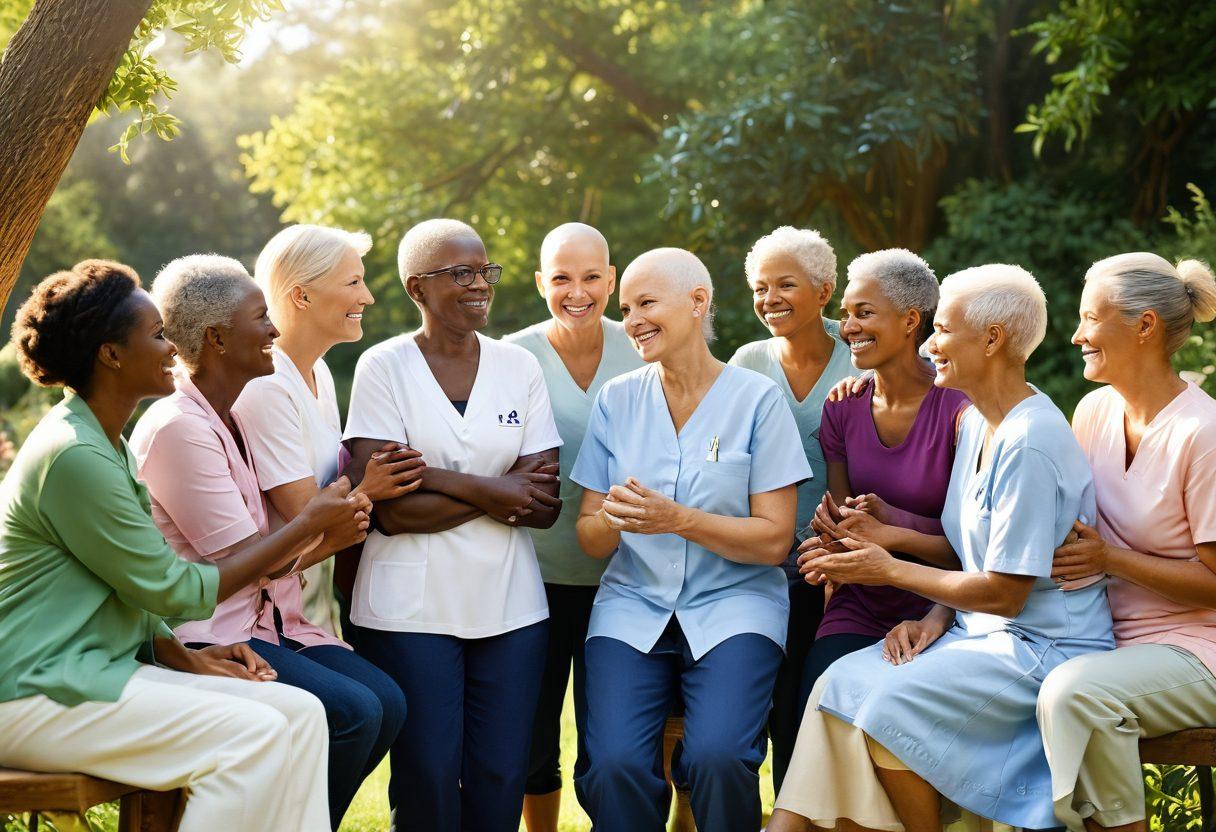 A warm, inviting scene depicting a diverse group of cancer survivors and patients gathered in a supportive circle, sharing stories and experiences, with soft sunlight filtering through lush greenery. Include supportive gestures like hugs and hand-holding, and symbols of hope like colorful ribbons and flowers. Create an atmosphere of camaraderie and resilience. vibrant colors. super-realistic. natural light.