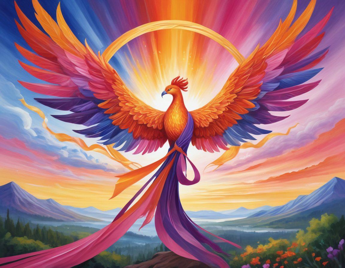 A powerful visual depicting a phoenix rising from a ribbon formed by intertwining cancer awareness colors, symbolizing resilience and triumph over tumors. In the background, a serene landscape transitions from darkness to light, representing hope and wellness. Include subtle imagery of diverse people united in advocacy, celebrating with joy and support. painting. vibrant colors. inspirational atmosphere.